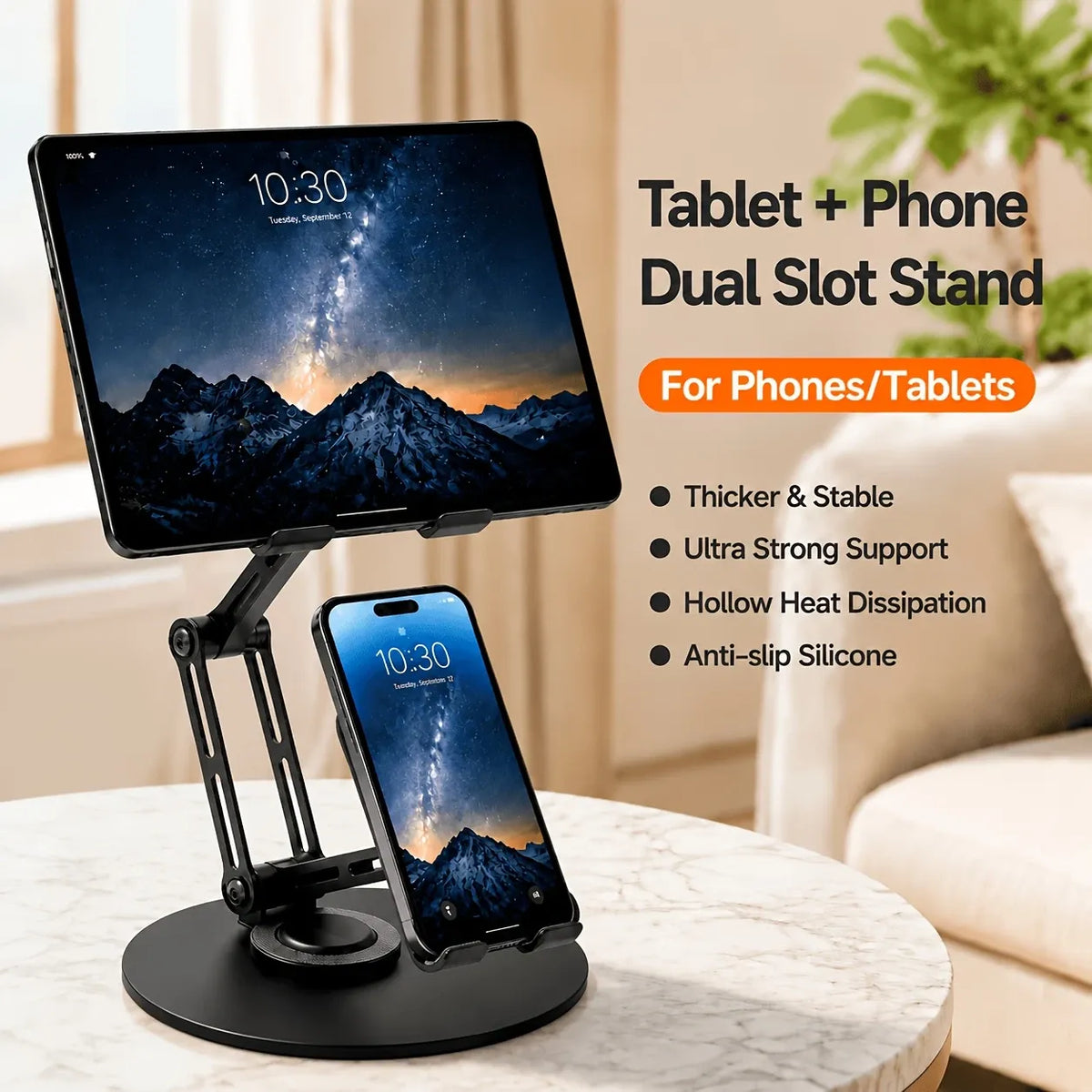 Aluminum Alloy Dual Device Stand for Phone Tablet, 360° Silent Rotation, Weighted Base 2KG Capacity, Hollow Heat Dissipation, Anti-Slip Silicone, Foldable Portable（BLACK)