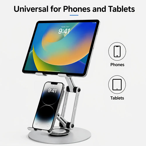 Aluminum Alloy Dual Device Stand for Phone Tablet, 360° Silent Rotation, Weighted Base 2KG Capacity, Hollow Heat Dissipation, Anti-Slip Silicone, Foldable Portable（BLACK)