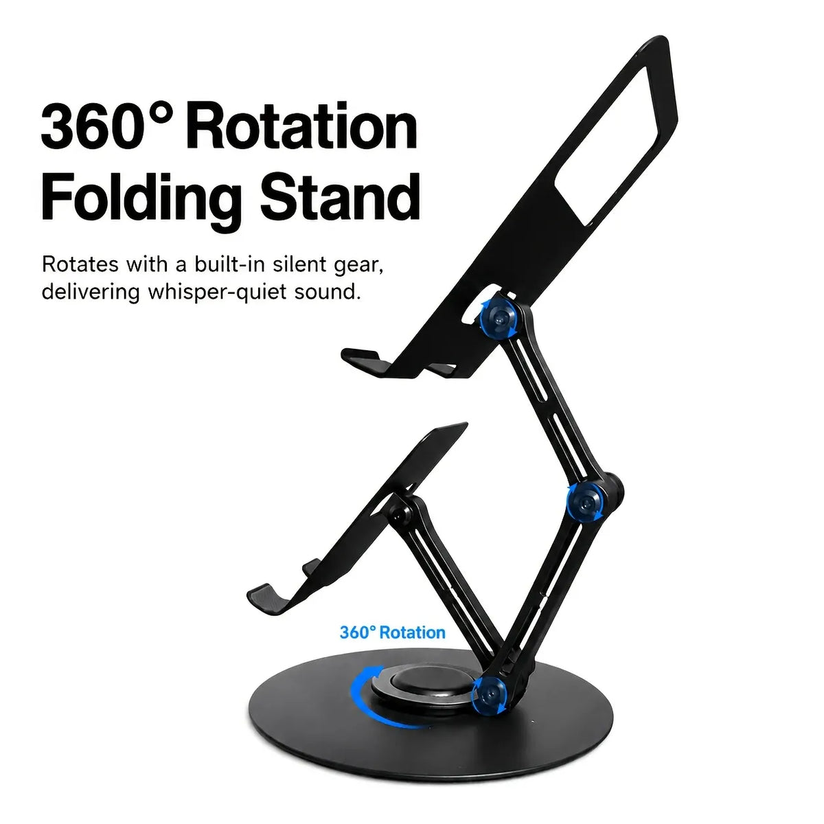 Aluminum Alloy Dual Device Stand for Phone Tablet, 360° Silent Rotation, Weighted Base 2KG Capacity, Hollow Heat Dissipation, Anti-Slip Silicone, Foldable Portable（BLACK)