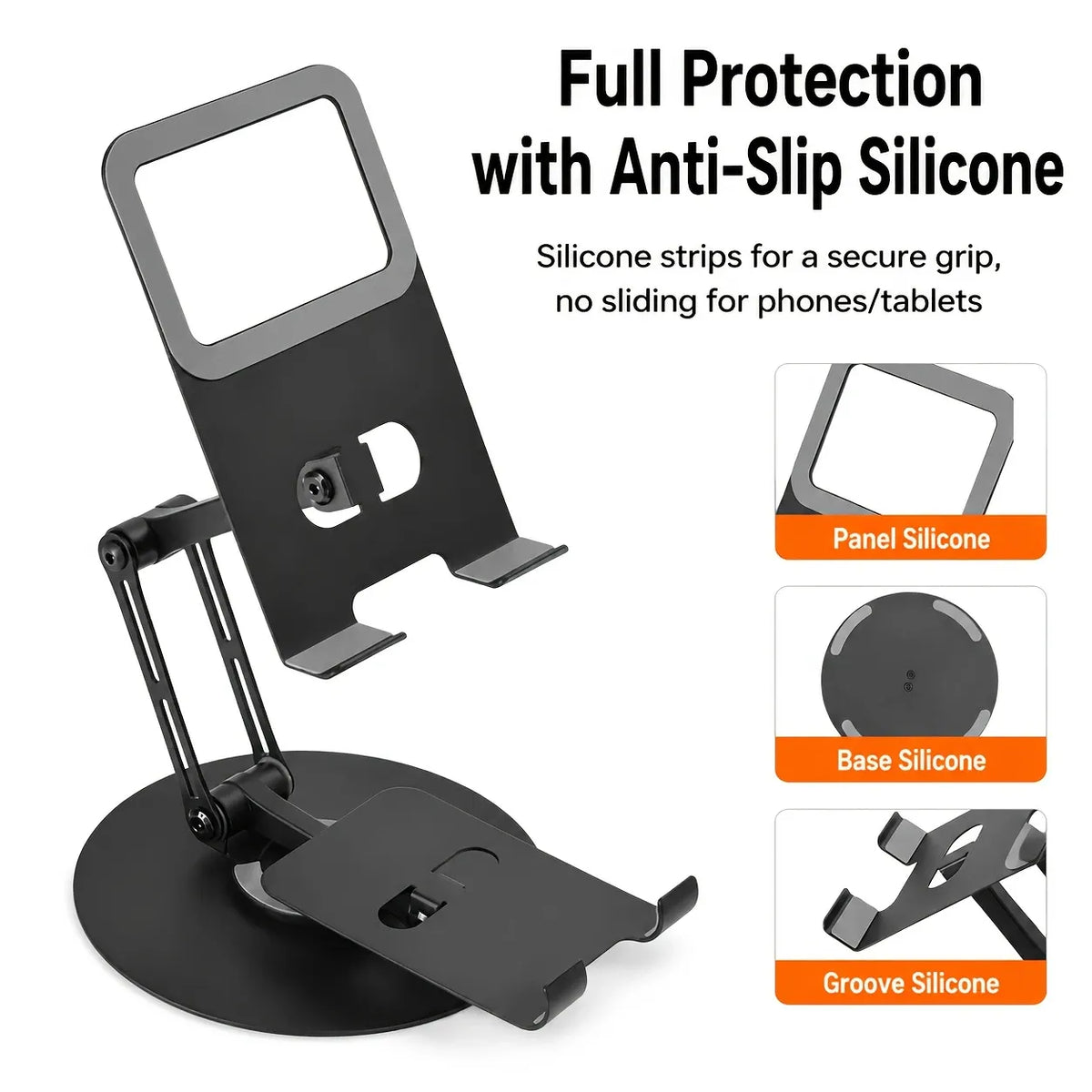 Aluminum Alloy Dual Device Stand for Phone Tablet, 360° Silent Rotation, Weighted Base 2KG Capacity, Hollow Heat Dissipation, Anti-Slip Silicone, Foldable Portable（BLACK)