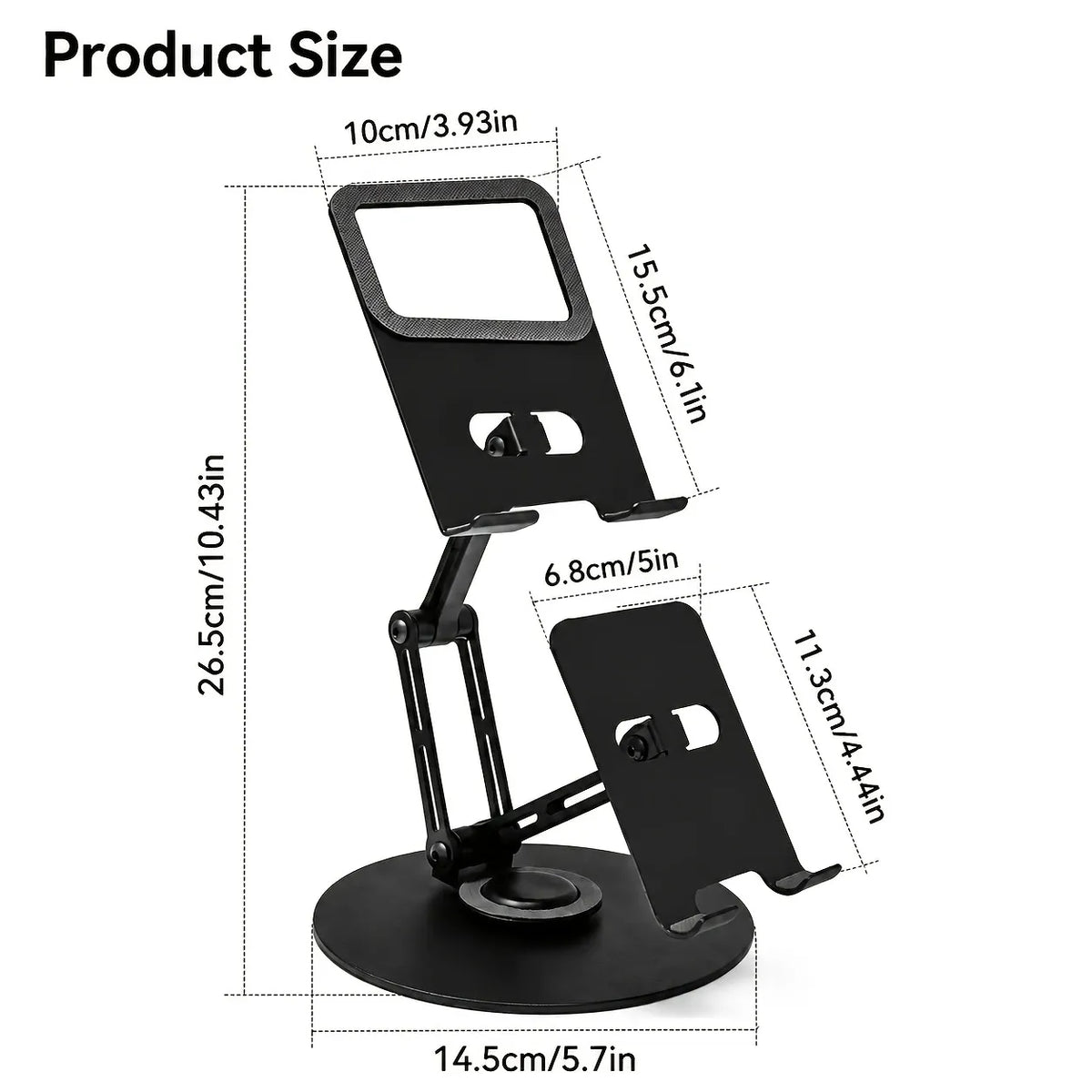 Aluminum Alloy Dual Device Stand for Phone Tablet, 360° Silent Rotation, Weighted Base 2KG Capacity, Hollow Heat Dissipation, Anti-Slip Silicone, Foldable Portable（BLACK)
